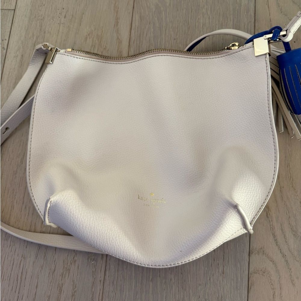 KATE SPADE Foster Court Pepper Cream Leather Shoulder Bag with Blue Tassel NWOT